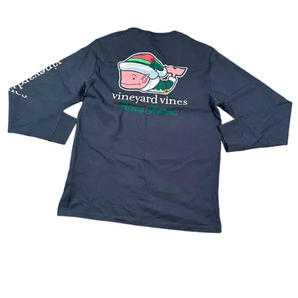 Vineyard Vines Christmas Whale Long Sleeve T-Shirt Navy Blue‎ Holiday Edition L